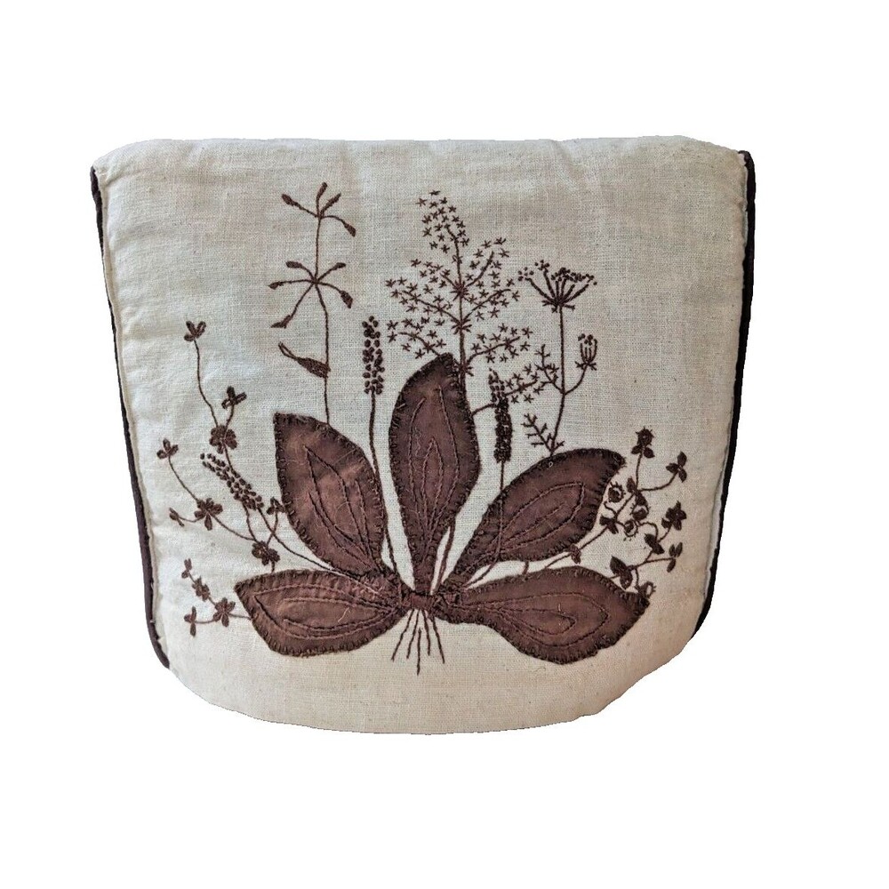 Vintage Tea Cozy Embroidered Hand Stitched Wild Flowers Design Brown & Linen
